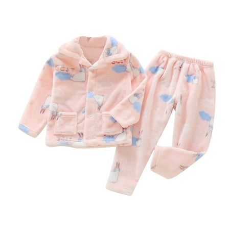 

Toddler Kids Baby Boys and Girls Autumn and Winter Fleece Sleepwear Outfits Cute Cartoon Print Flannel Lapel Button Top Pants Pajamas Children s Casual Warm Home Wear