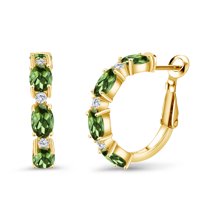 Gem Stone King 4.23 Ct Green Tourmaline G-H Lab Grown Diamond 18K Yellow Gold Plated Silver Hoop Earrings