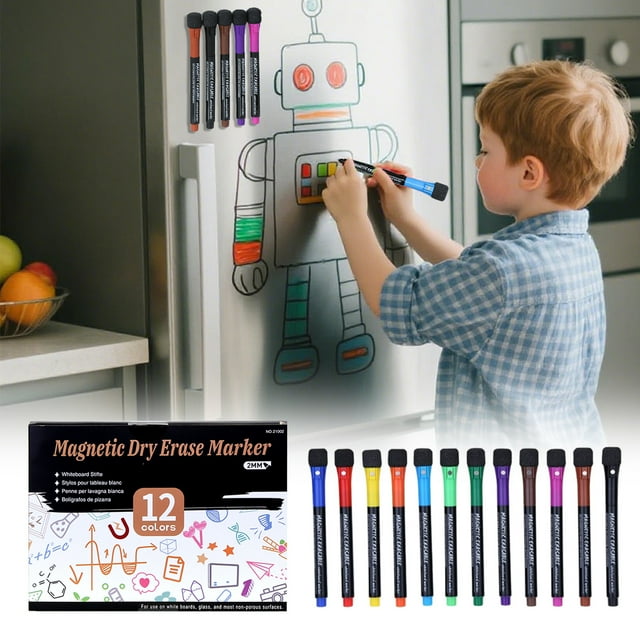 LSLJS Marqueurs Magnétiques à Séchage Rapide pour Tableau Blanc, 12 Unités, Marqueurs à Séchage Rapide Fins Colorés avec Effaceur pour Fournitures Scolaires Home Office, 10 ml