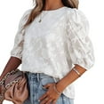 thumbnail image 5 of Bubble Sleeve chiffon loose top Floral texture shirt（white）, 5 of 5