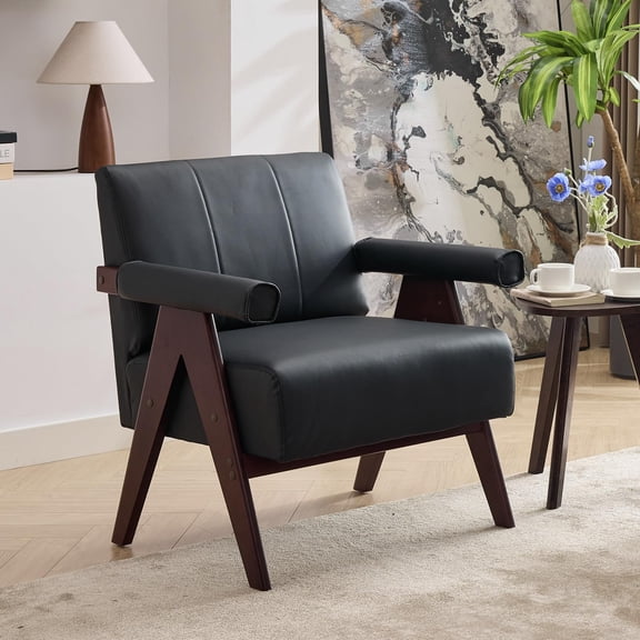 Modern Faux Leather Accent Chairs Set Of 2 Wooden Frame Armchair Single Seating Couch Seat Unit For Living Room Bedroom Office Waiting Room Black