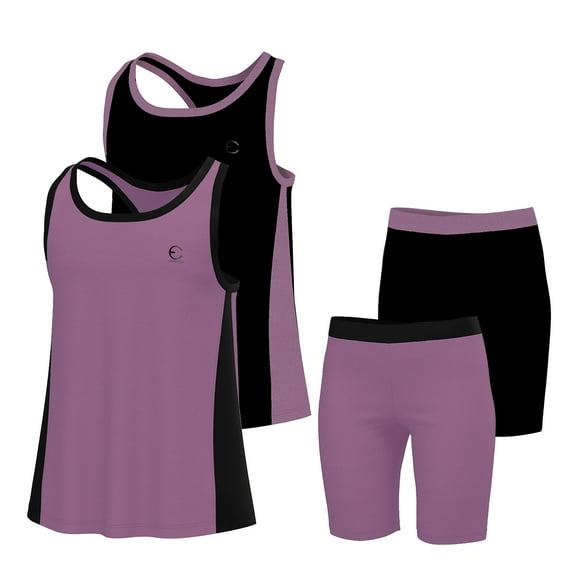 Essenclo Girls Summer Set, Tank Top and Athletic Shorts, 4 Pc Set - Black Lavender