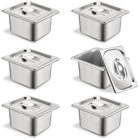 6 Set Stainless Steel Hotel Pans 1/6 Size 4 Inch Deep With Lids, Anti-Jam Chafing Steam Table Pans, Catering Food Storage Metal Pan