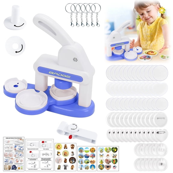 Badge Maker for Kids, 35-55mm (1.37-2.16 inch) DIY Pin Button Maker Press Machine, Badge Machine Punch Kit with 24 pcs Button Parts & Picture Cutters for Kids DIY Gifts and Christmas-Blue
