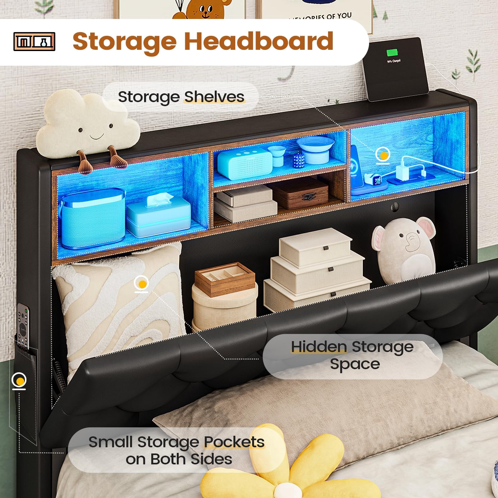 Afuhokles Twin Bed Frame with 4 Drawers and Storage Headboard, Upholstered Bed with Charging Station, Black PU