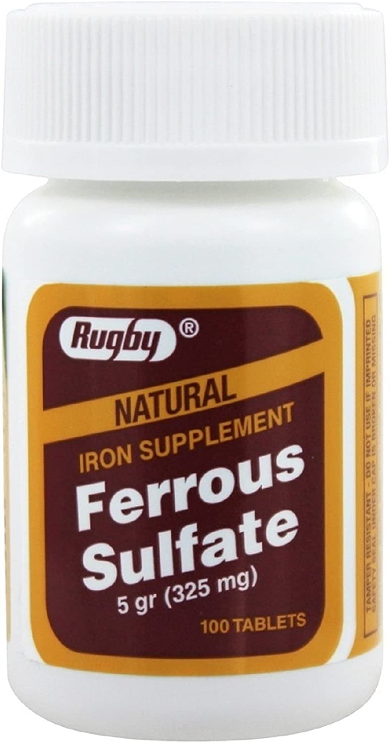 Rugby Ferrous Sulfate 325Mg/5Gm Iron Supplement Red 100 Tablets Iron Pills Blood Builder