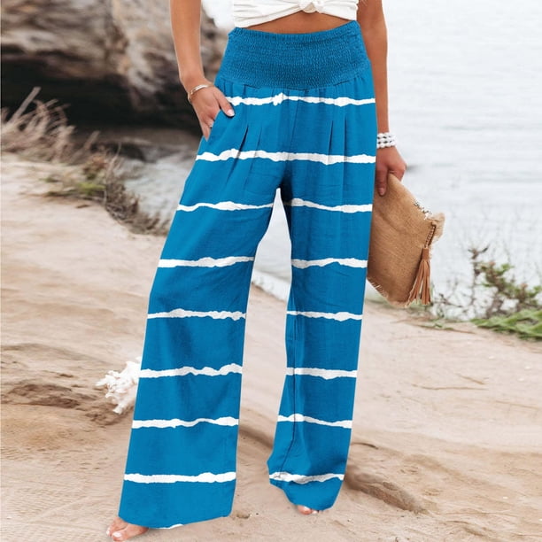Puntoco Pantalones Rectos De Cintura Alta Con Bolsillo Y Cintura Elástica Elásticos Estampados No Posicionados Informales Para Mujer Azul Cielo S