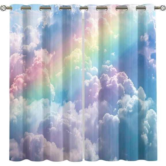 Blue Sky And White Clouds Curtains For Bedroom, Rainbow Blackout Privacy Drapes For Living Room, Natural Scenery Thermal Room Darkening Grommet Drapes Home Decor 26"W x 84"L (Pack of 2)