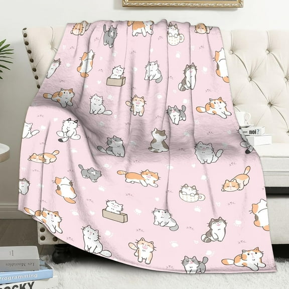 Cute Cat Throw Blanket for Cat Lovers Gifts Cozy Soft Blanket for Couch Winter Warm Pink Flannel Blankets 50" x 60"