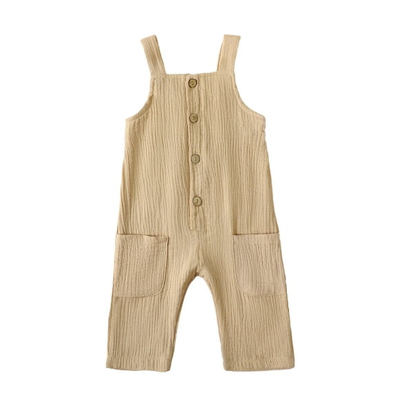EYIIYE Toddler Girls Boys Summer Overalls 6M 12M 18M 2Y 3Y 4Y Kids Sleeveless Romper Solid Color Bodysuits Pocket Buttons Straps Jumpsuits Basic Loose Casual Daily Clothes