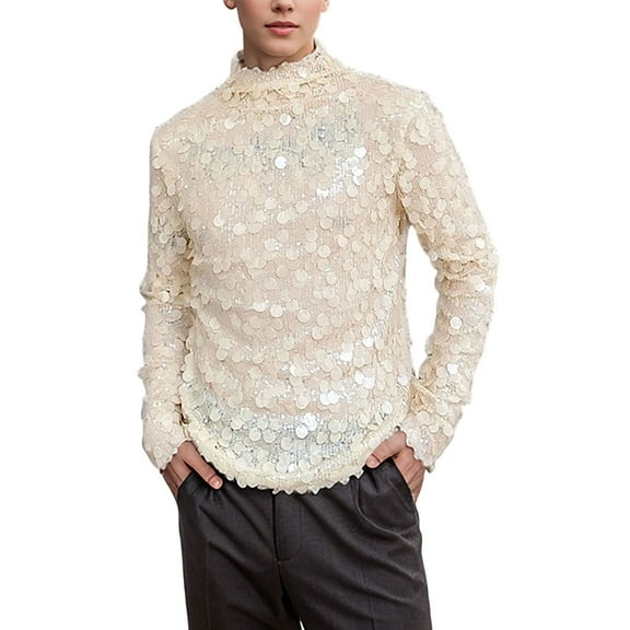 Men's Performance Long Sleeve T Shirt Beaded Bright Stand Collar Base Shirt Comfortable Breathable Athletic Fit Mens Casual Crew Neck Basic Tees