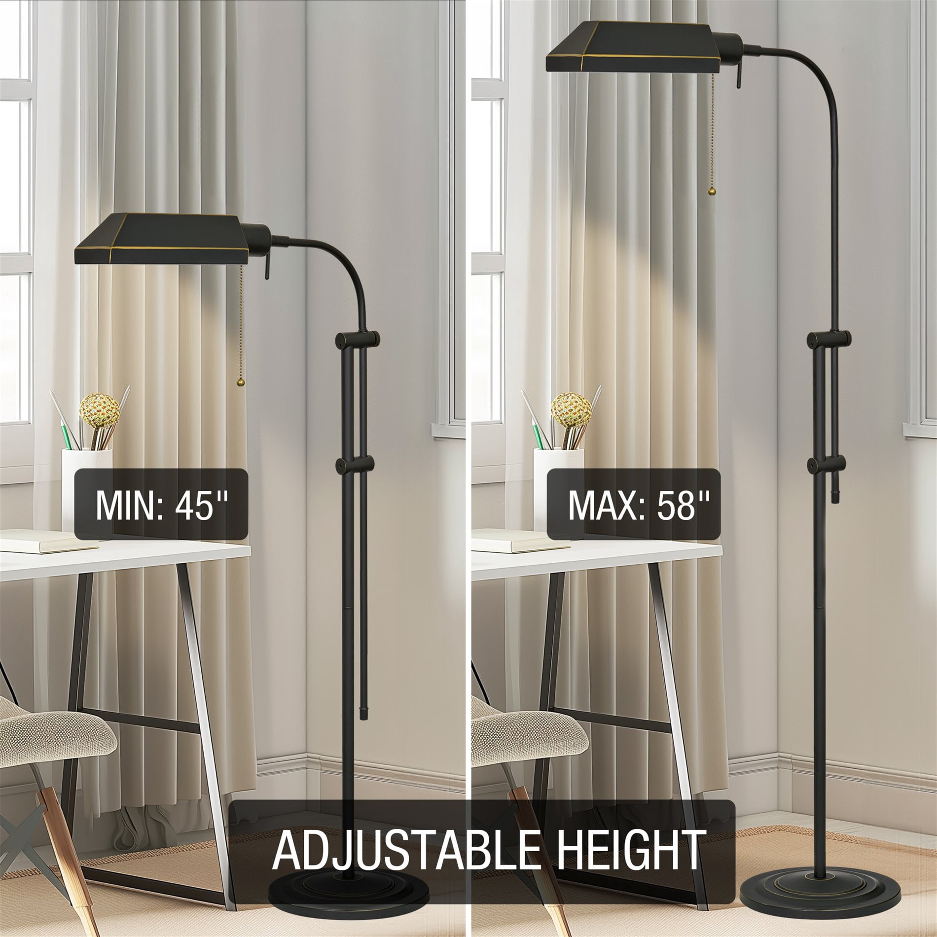 Kira Home Prescott 58" Adjustable Standing Pharmacy Floor Lamp, Includes 6W LED Bulb, Pivot Head for Hobby/Precise Task