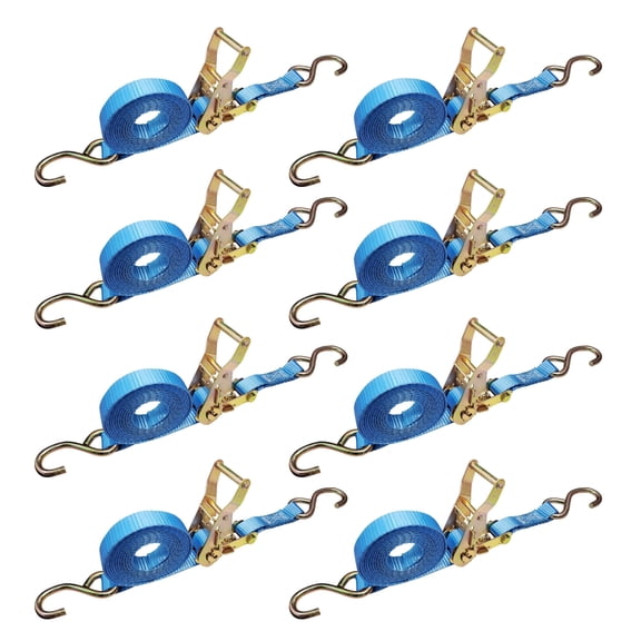 Mega Cargo Control 8 Pack 1" x 15' USA Heavy Duty Utility 1" Ratchet Tie Down Strap w/ S Hook for Boat Motorcycle, Blue