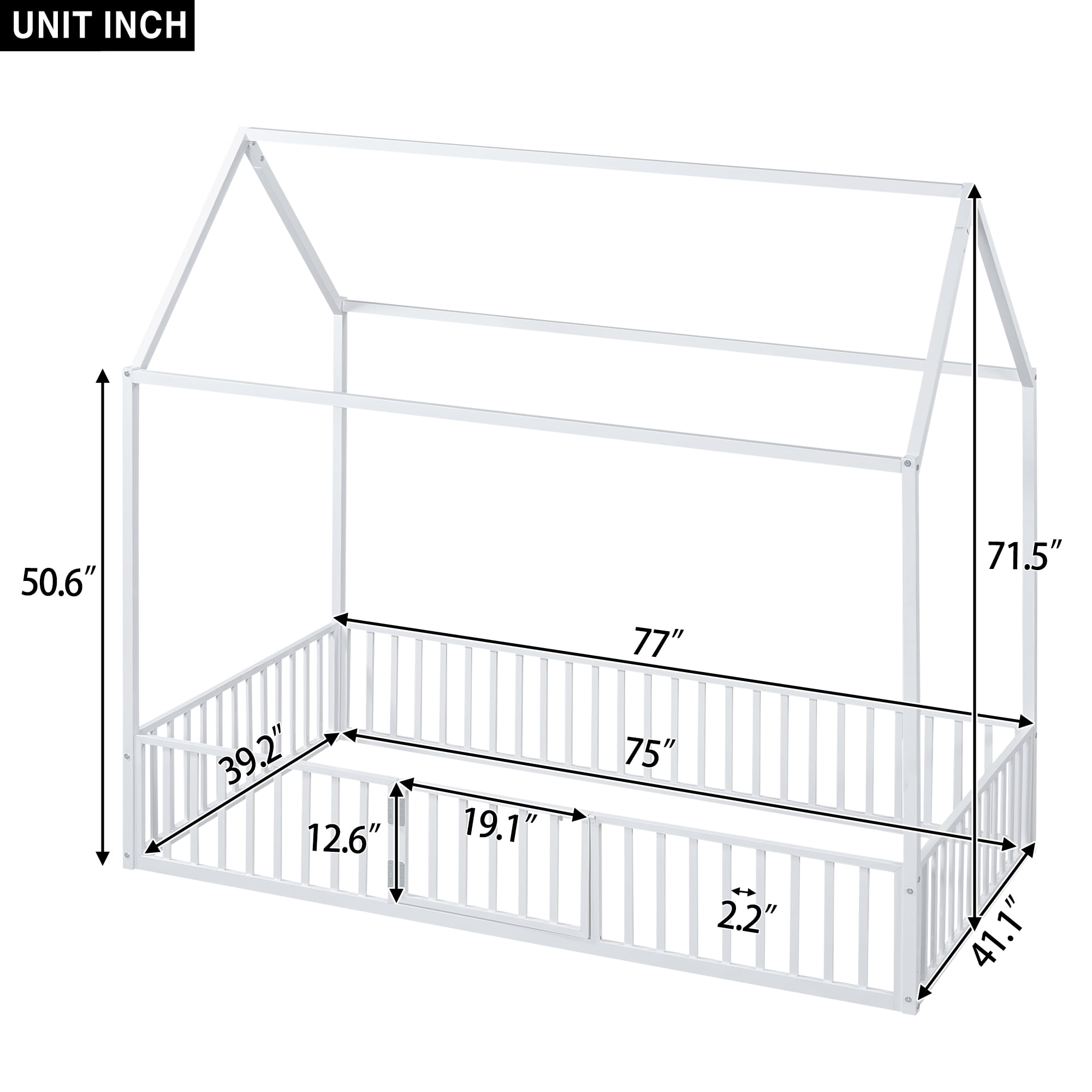 Euroco Metal Twin Size House Bed Frame, Low Profile Canopy Bed with Fence and Door, White
