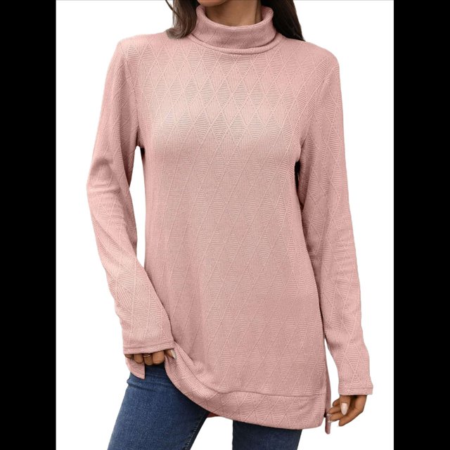 Camiseta Holgada de Larga con Cuello Alto y Estampado Geométrico de Jacquard para Mujer, Otoño e Invierno. Rosa XXL