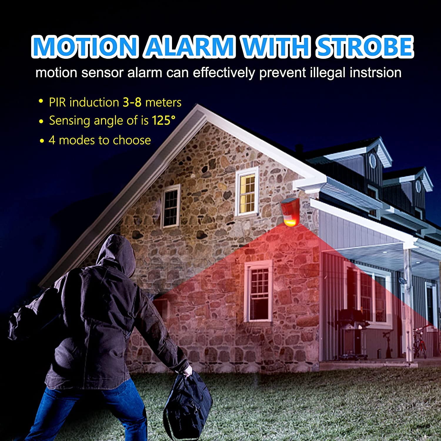 Dedaqian Solar Sound & Light Alarm Outdoor Motion Sensor 129dB Siren Sound Alert & 6LEDs Flash Warning Security Alarm System 2 Pack