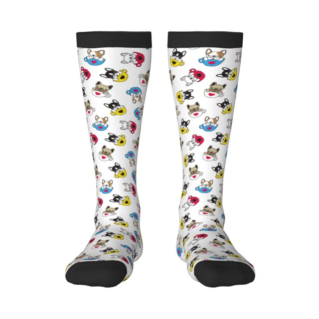 Fotbe French Bulldog With Coffee Cup Calcetas Divertidas Estampadas para Hombre y Mujer, Calcetas de Algodón hasta la Rodilla para Caminar, Correr, Enfermería y Embarazo
