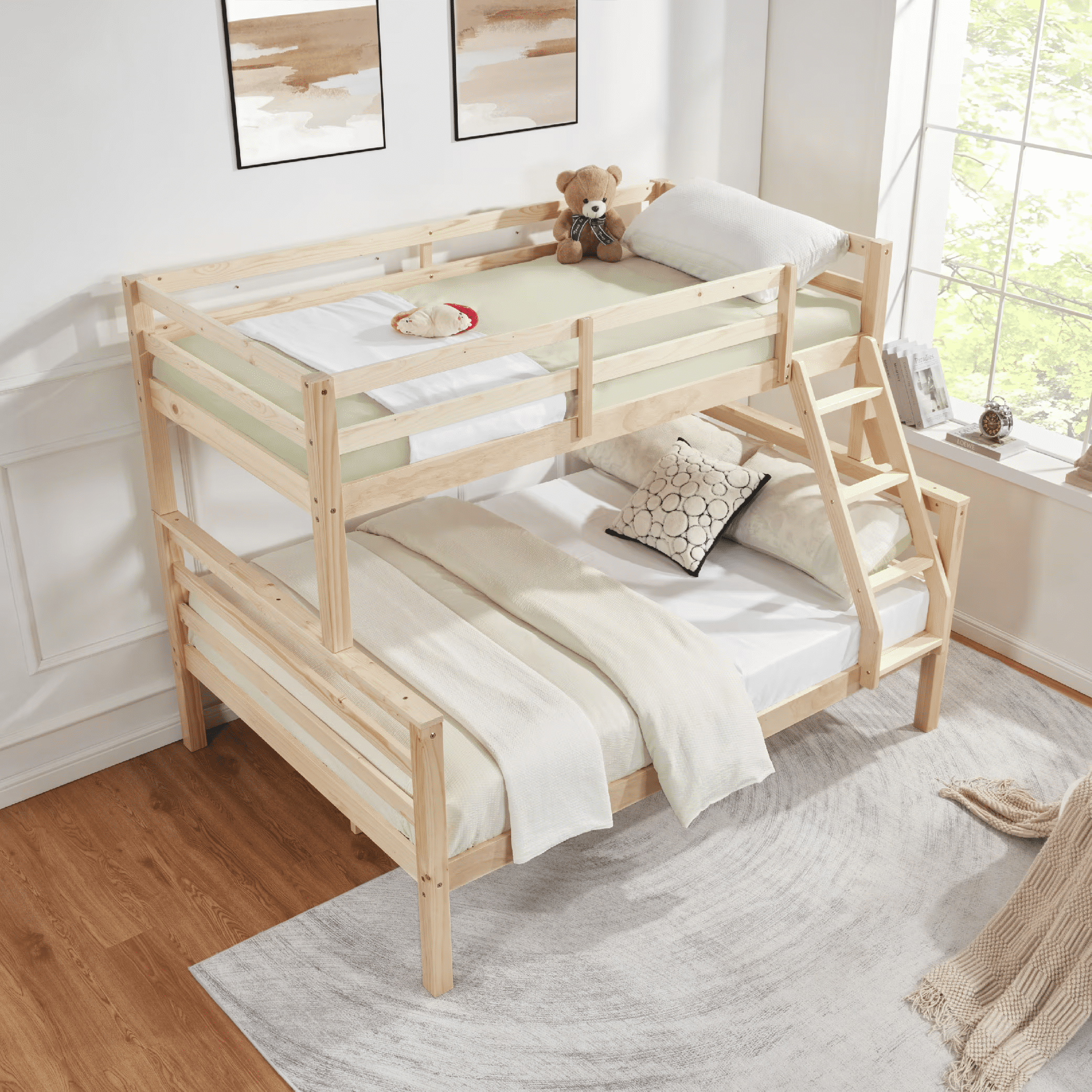 MAYEERTY Twin over Full Bunk Bed with Thick Posts, Wooden Bed Frame with High Guardrail and Ladder for Kids, No Box Spring Needed, Natural