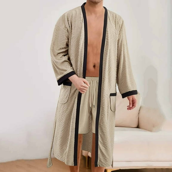 Mens Robes Long Sleeve Open Front Pajamas Bathrobes with Pockets and Belt Casual Color Block Soft Long-Length Sleepwear Homewear Bath Robe