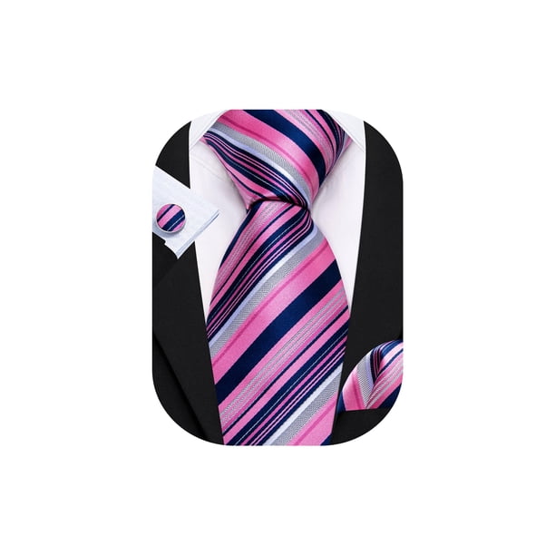 Set de Corbata Barry.Wang Rayada Rosa y Azul Marino de Seda 150 cm