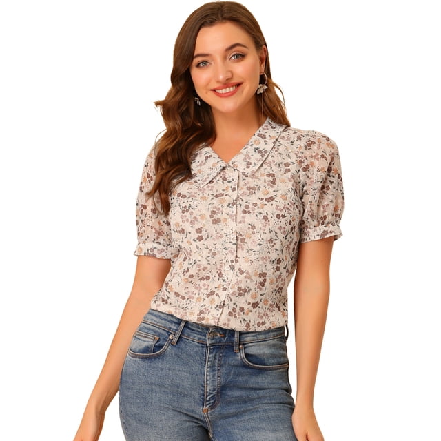 INSPIRE CHIC Women's Floral Button Down Collar Sweet Puff Sleeve Blouse