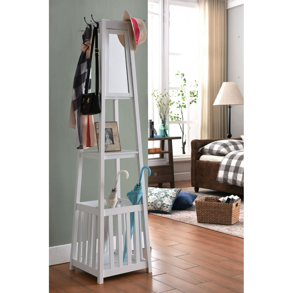 Kendall White Wood Contemporary Entryway Hall Tree Coat Rack Stand With