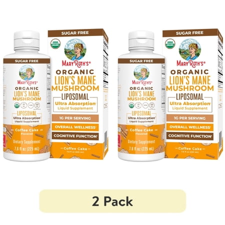 (2 pack) MaryRuth's Organic Lion's Mane Mushroom Liposomal Supplement, Overall Health, Organic, Vitamin E, Vegan, Dairy-Free, Coffee Cake Flavor, 7.6 fl oz