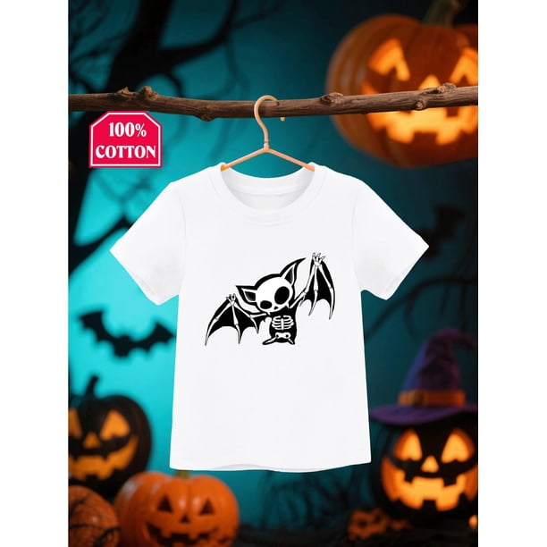 Halloween T-shirt - Cute Skeleton & Bat Print, Short Sleeve Round Neck Tee, Lightweight & Breathable for Spring/Summer, Perfect for Casual Wear or Holiday Gifts, Halloween Clothes for Toddler