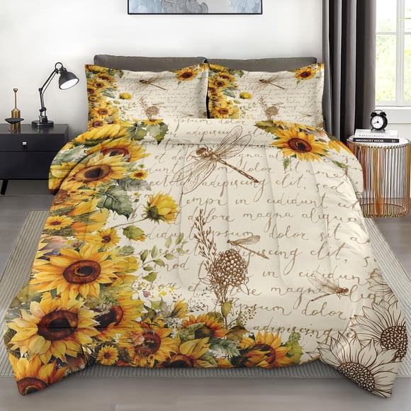 Juego de edredón Pamnest, tamaño completo, diseño floral de girasol, 3 piezas