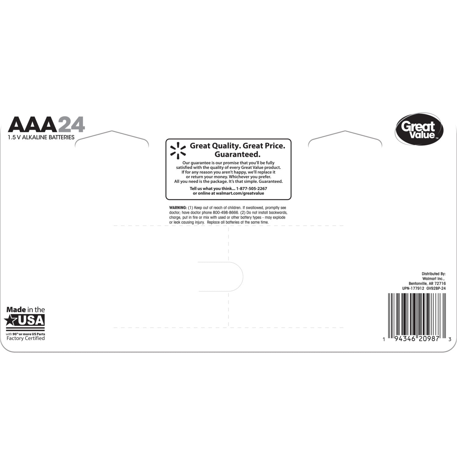 Great Value Alkaline AAA Batteries, 24 Count
