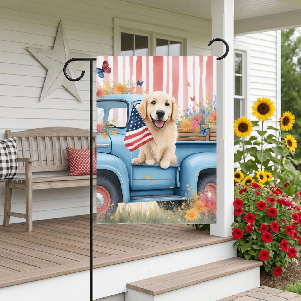 USA 250th Anniversary Garden Flag Spring House Flags 28x40 Double Sided 4th Of July Decorations with Dog Sitting in Blue Truck Holding American Flag