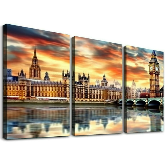 Ullo0ord  London Skyline Wall Art Big Ben Pictures Wall Decor City Nature Landscape Poster Canvas Prints Painting Modern Artwork for Living Room Dining Room Bathroom Bedroom  12x16x3pcs
