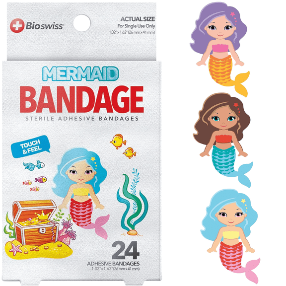 BioSwiss Bandages, Mermaid Shaped Self Adhesive Bandage, Latex Free Sterile Wound Care, Fun First Aid Kit Supplies for Kids and Adults, 24 Count