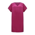 thumbnail image 4 of Fesfesfes Spring Dresses for Women Solid Color Linen Tunic Dress Loose Casual V-Neck Short Sleeve Pullover Dress, 4 of 7