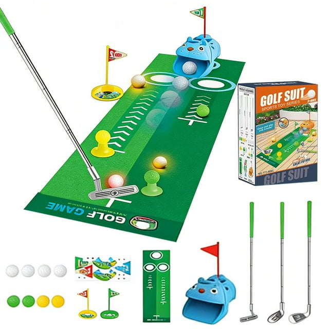 Pro-Grade Automatic Ball Return Putting Mat Set, Indoor/Outdoor Practice Kit 3 Steel Putters, Alignment with