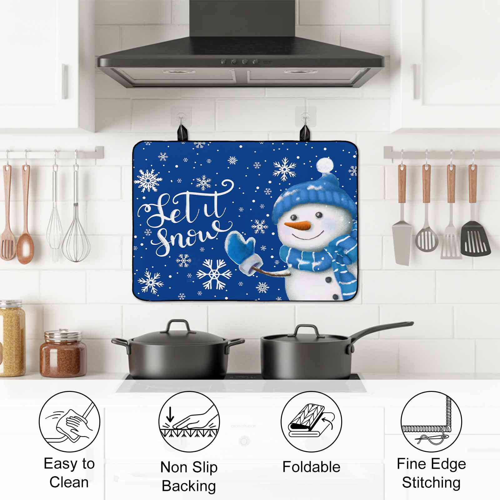Blue Snowman Christmas Stove Top Cover for Electric Stove, Heat-proof & Non Slip Glass Top Stove Cover Protector, Xmas Winter Snowflake Let Snow Kitchen Flat Cooktop Rubber Mat 24x21 Inches