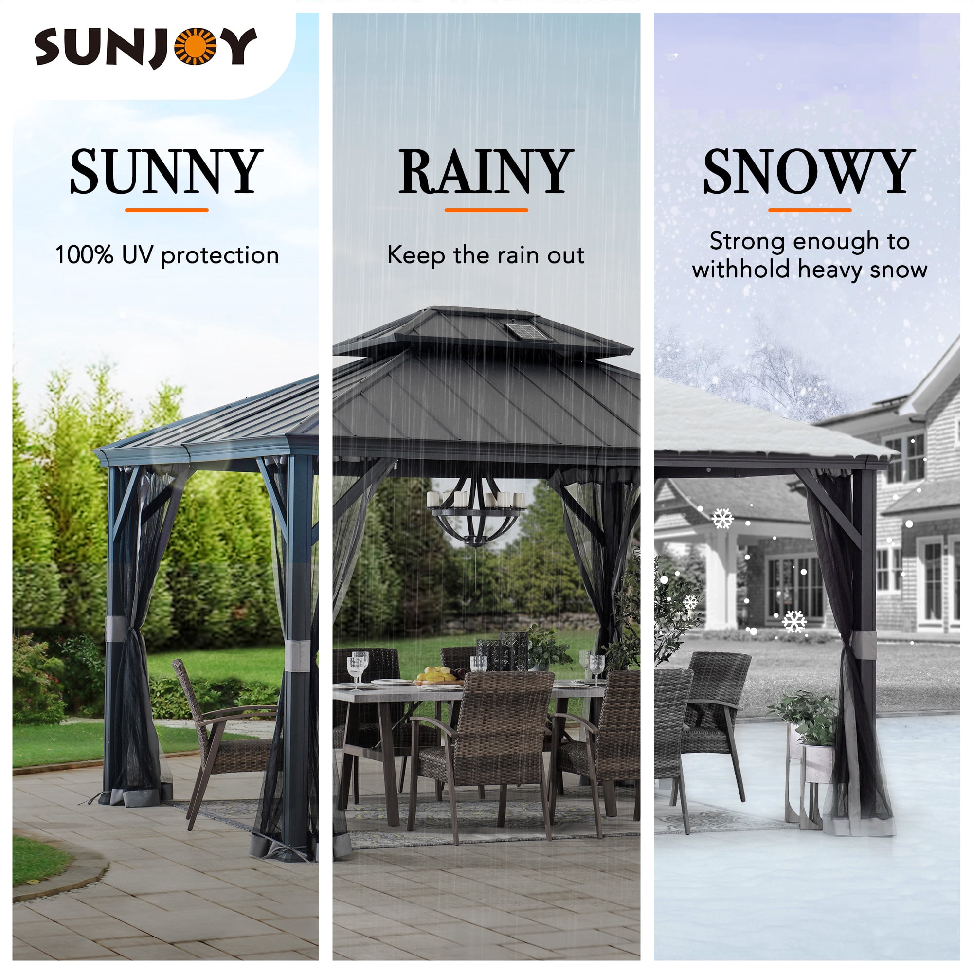 Sunjoy Hardtop Gazebo 10 x 12 ft. with Solar Panel Outdoor Patio Aluminum Frame Gazebo , 2-Tier Steel Hardtop Backyard Gazebo with Netting and Ceiling Hook, Black
