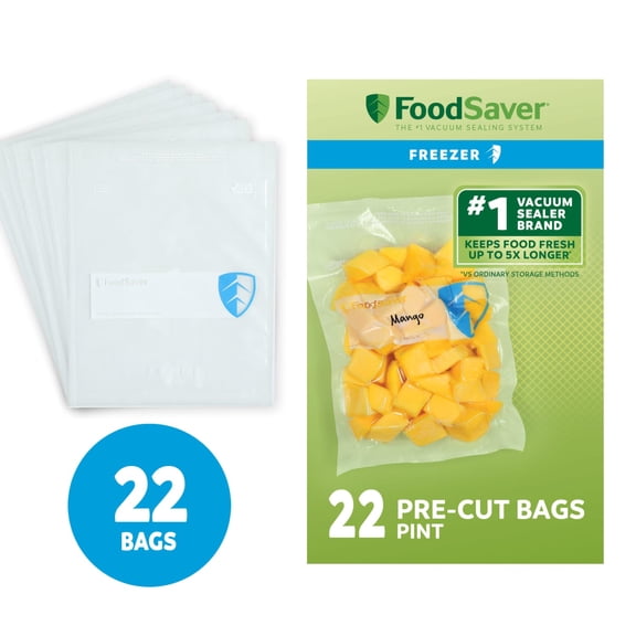 FoodSaver Pint Vacuum Seal Bags, 22 Count Pre-Cut BPA-Free Freezer Bags, Align to Seal & Tear to Open for Food Freezer, Sous Vide, and Meal Prep