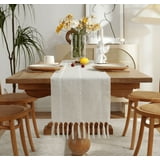 "Zhudiyof Beige Rustic Linen Table Runner, 13""×72"", Hand-Tassels, Farmhouse Style for Dining ...