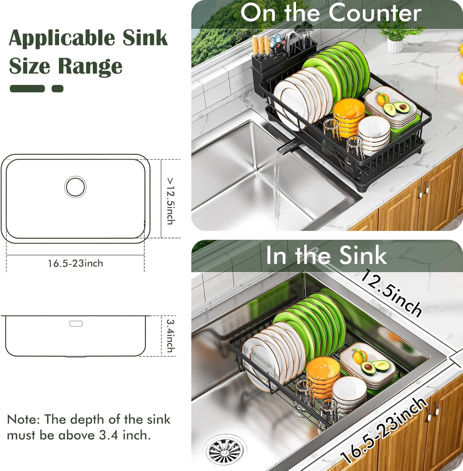 Dish Drying Rack - Space-Saving Small for Kitchen Counter, Rust-Resistant Rack, Compact Drainer Organizer with Utensil Holder Home Kitchen, Black