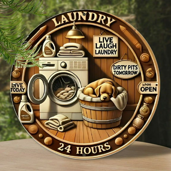1pc "Laundry 24 Hours" Vintage Style Aluminum Round Sign, Cute Dog on Washer, Rustic Multipurpose Home Decor Plaque, Wall & Window Hanging, Ideal for Laundry Room, Patio