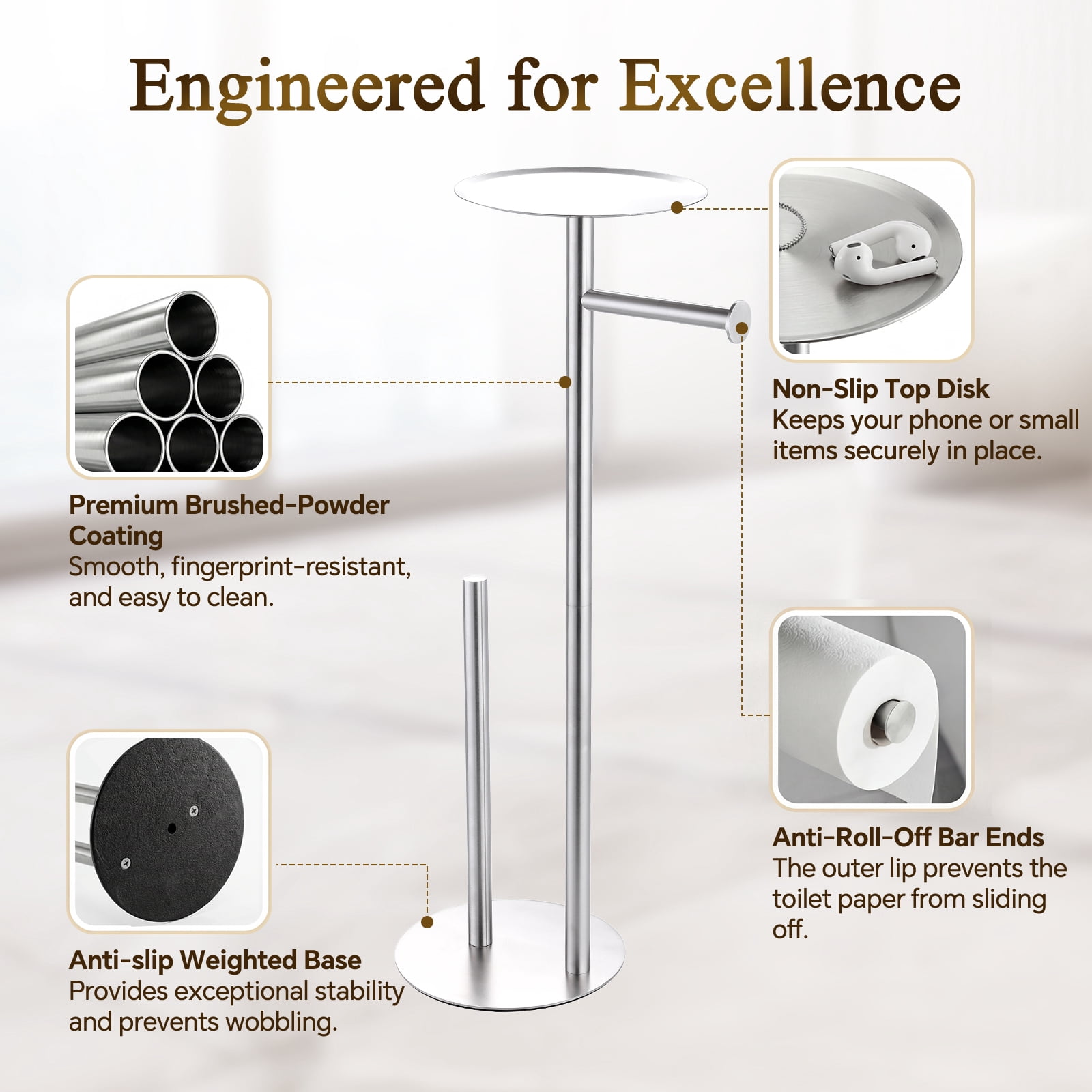 Towond Toilet Paper Holder Stand with Top Storage Shelf, 304 Stainless Steel Toilet Paper Roll Holder Free Standing for 4 Rolls , White