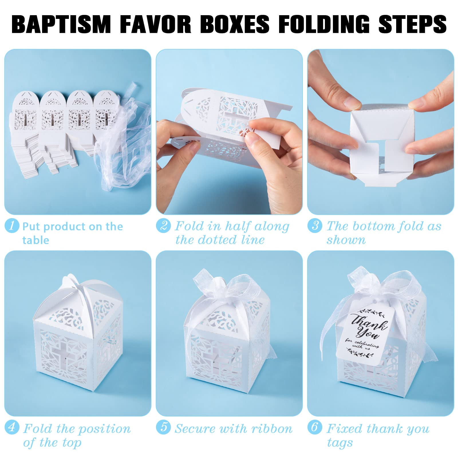 100 PCS Baptism Favors Set Includes Mini Rosary, Laser Cut Baptism Favor Boxes, Thank You Tags, White Organza Bags for Bautizo Recuerdos Christening Wedding Party Supplies