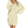 thumbnail image 2 of ClodeEU Women's Plush Pullover Sweater Dress, Long Sleeve V Neck Sweatshirt,Loose Oversized Sweaters Dresses Beige,Womens Plus XL, 2 of 8