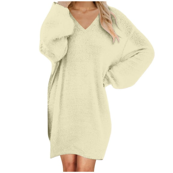 ZHYou Womens V Neck Oversized Plush Sweaters,Warm,Comfy,Loose Fit,Casual Knit Sweaters,Soft,Long Sleeve Tops,Beige,Size M