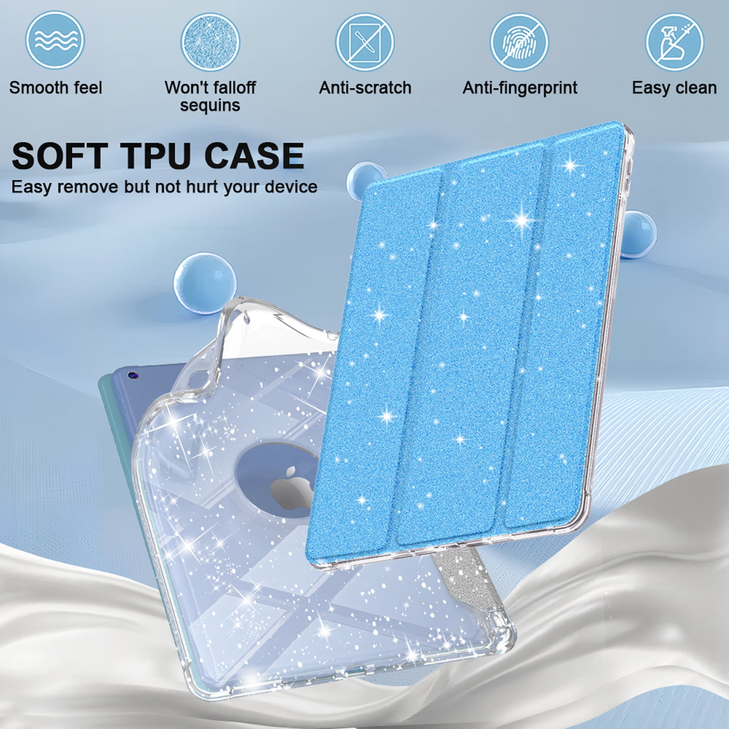 Decase Compatible with Apple iPad 10.2 inch 2021/2020/2019,Sparkle Cute Case,Glitter Cover with Sparkly Clear Back,Pencil Holder, Fits for iPad 7th/8th/9th Gen Case 10.2 inch for Kids Girls,Blue