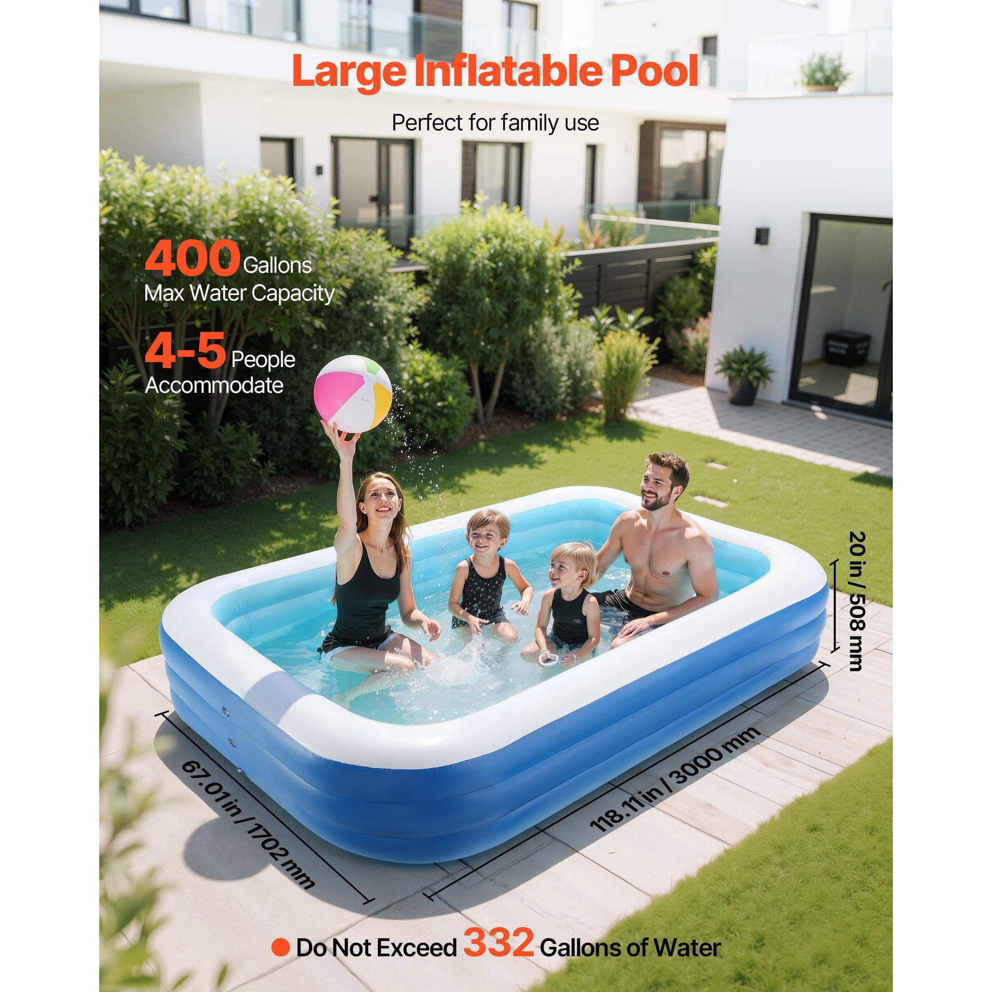 118 x 67 x 20 Inch Large Inflatable Swimming Pool, 3-Layer Rectangular Blow Up Pool for 4-5 People, Family Pool for Kids Adults Indoor Outdoor Summer Water Party, Blue White