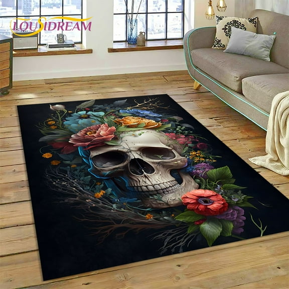 Cartoon Horrible Gothic Skull Flowers Carpet Rug for Home Living Room Bedroom Sofa Doormat r Kid Area Rug Non-slip Floor Mat