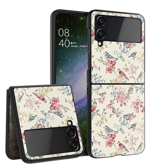 ANJ  Hard Protective Printed Case Cover Compatible with Samsung Galaxy Z Flip 4 - Birds and Flowers (Cream)