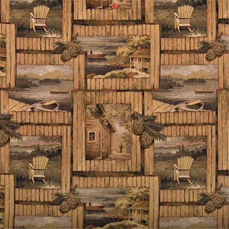 Designer Fabrics A001 54 in. Wide , Rustic Cabin Scene With Fishing Boat, Chair And Acorns, Themed Tapestry Upholstery